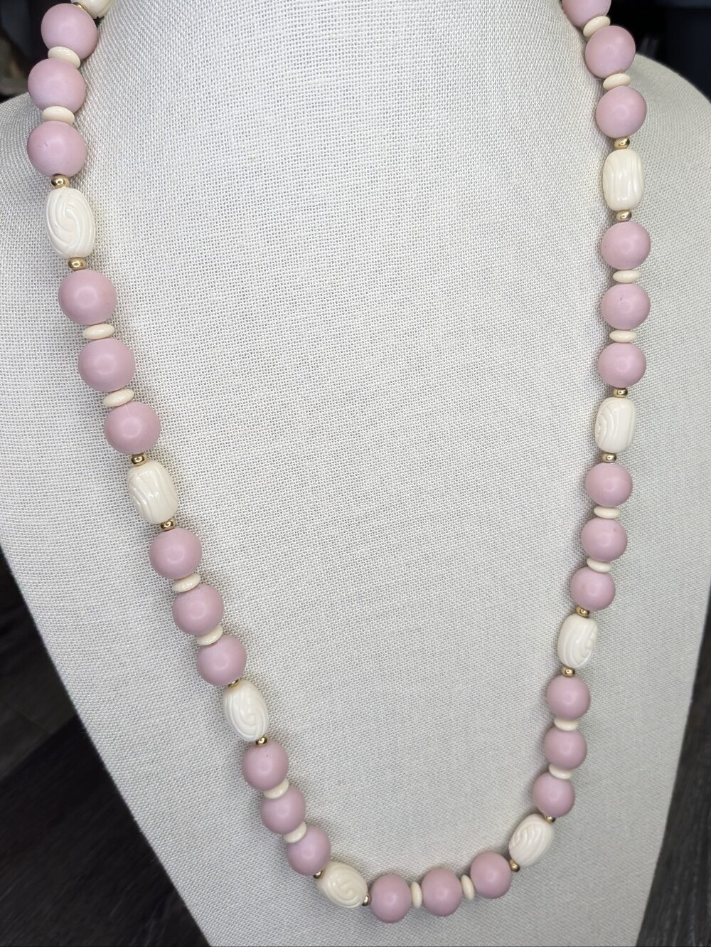 Vintage Napier Pink & Ivory Beaded Necklace | 31" Long | Signed